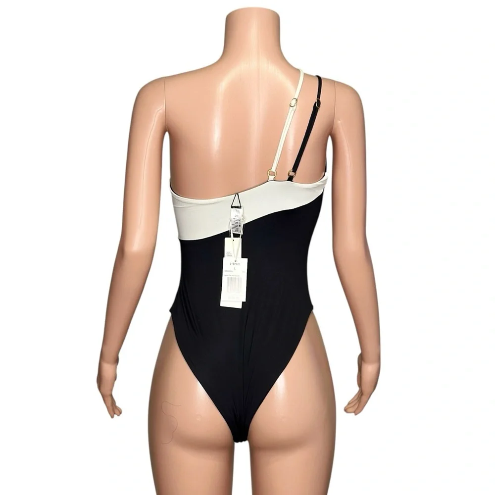 L*SPACE Raquel One Shoulder One Piece Swim, Black/Cream, Large_9